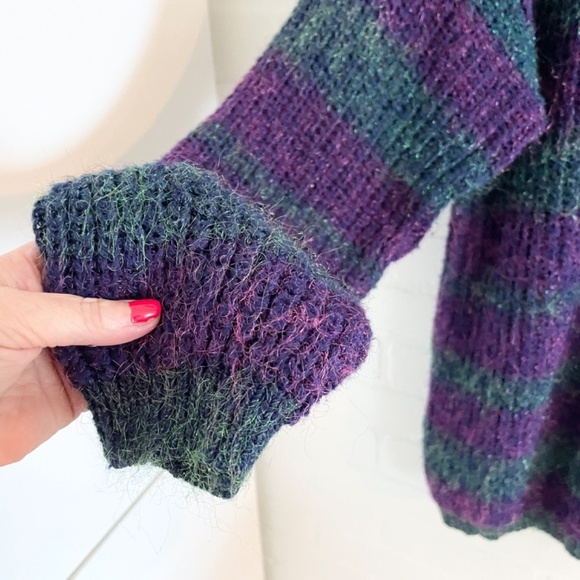 Vintage Knit Sweater/Tunic/dress Polo Stripes Metallic Iridescent purple Teal L - Picture 4 of 12